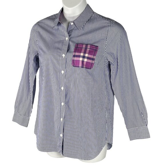 Vineyard Vines Womens 8 Relaxed Fit Purple Striped Button Up Shirt Plaid Pocket - Picture 6 of 15
